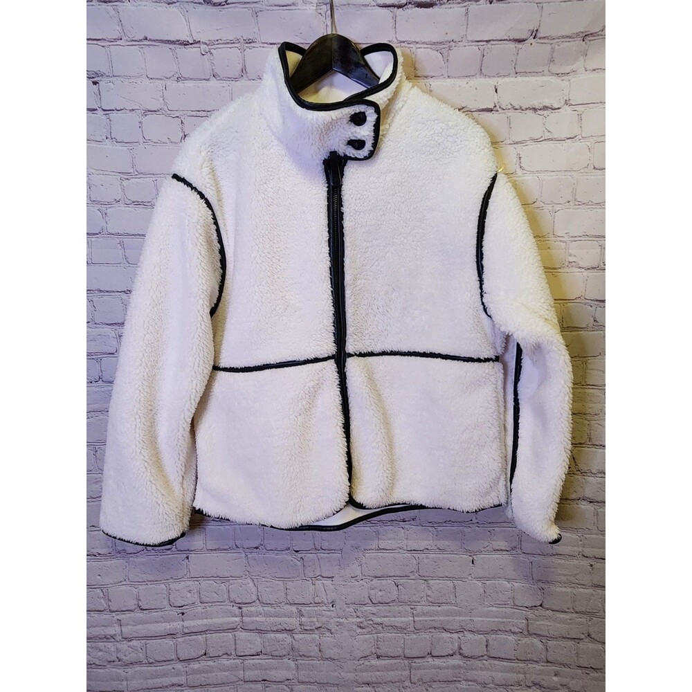 Fabletics Teddy Mid-Length Jacket Womens Medium Bone Black Leather Trim